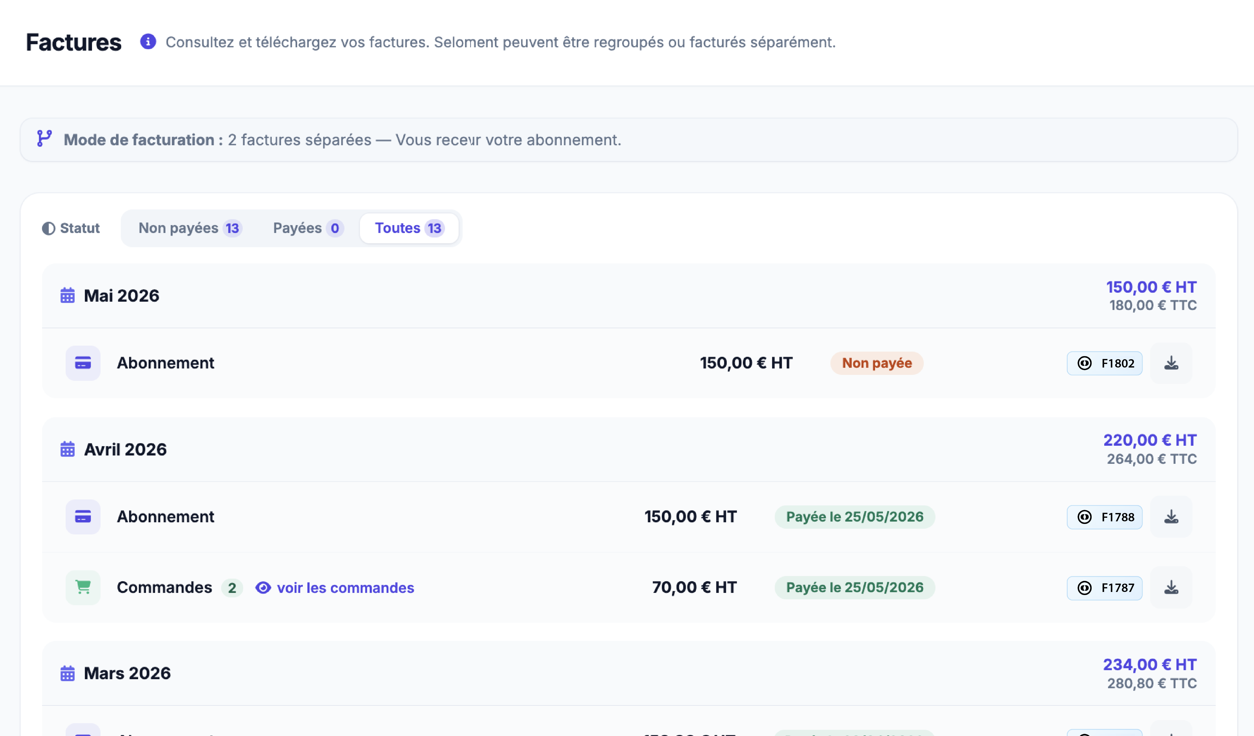 Tableau factures multi-types Imprizio