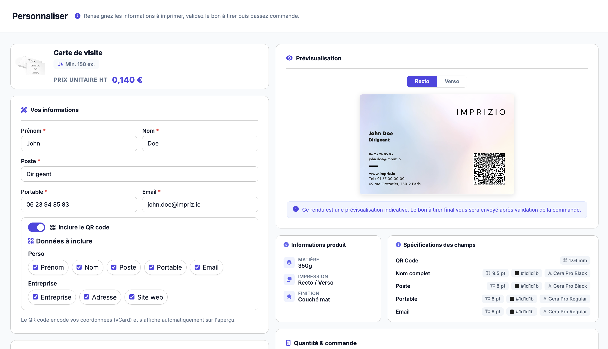 Personnalisation de carte de visite Imprizio
